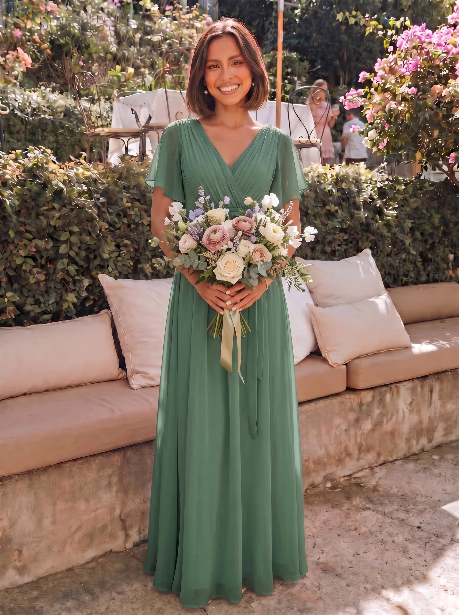 LEORA™ | Vestido de Dama de Honor de Gasa con Escote en V